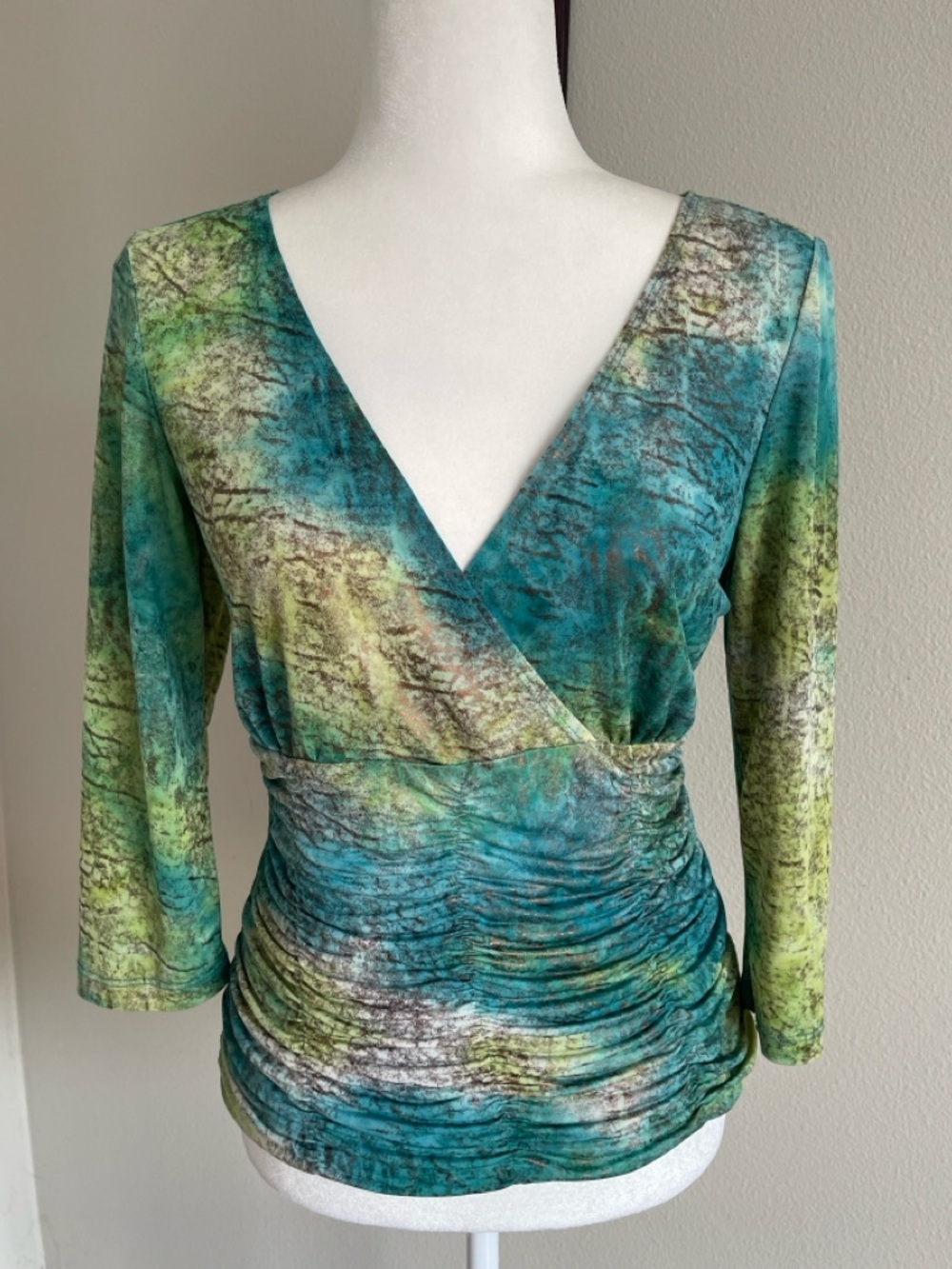 Vibrant Teal & Green Wrap-Style Ruched Top Size M